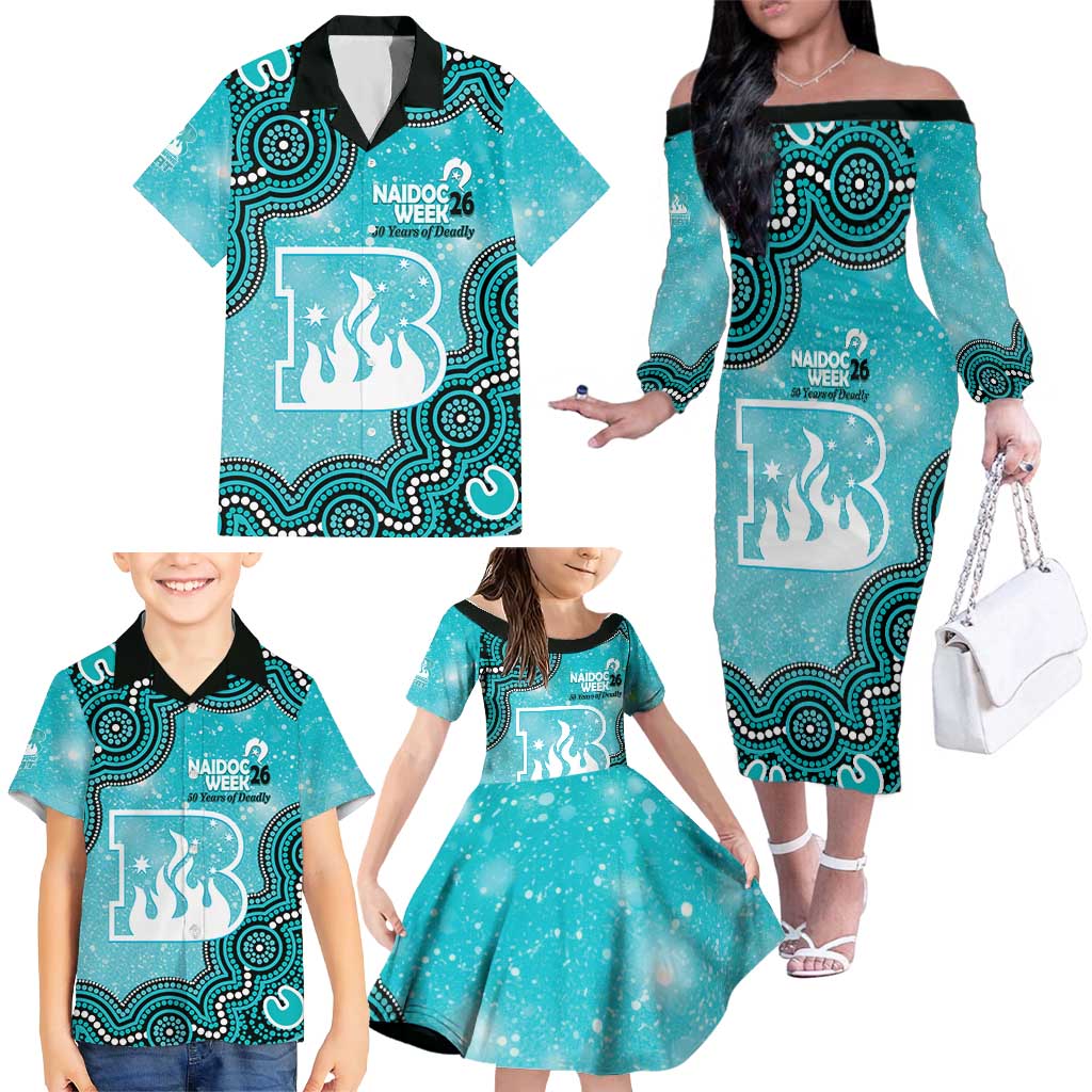 Brisbane Heat NAIDOC Week 2026 Custom Family Matching Off The Shoulder Long Sleeve Dress and Hawaiian Shirt 50 Years Deadly Indigenous Art Glitter Effect