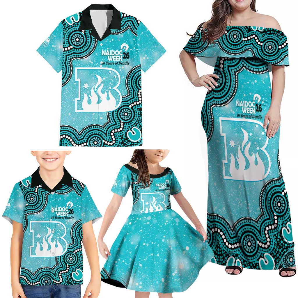 Brisbane Heat NAIDOC Week 2026 Custom Family Matching Off Shoulder Maxi Dress and Hawaiian Shirt 50 Years Deadly Indigenous Art Glitter Effect