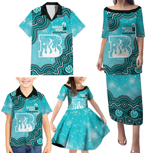 Brisbane Heat NAIDOC Week 2026 Custom Family Matching Puletasi and Hawaiian Shirt 50 Years Deadly Indigenous Art Glitter Effect