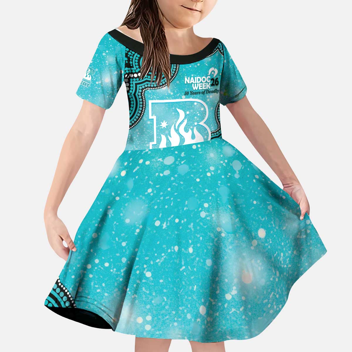 Brisbane Heat NAIDOC Week 2026 Custom Kid Short Sleeve Dress 50 Years Deadly Indigenous Art Glitter Effect