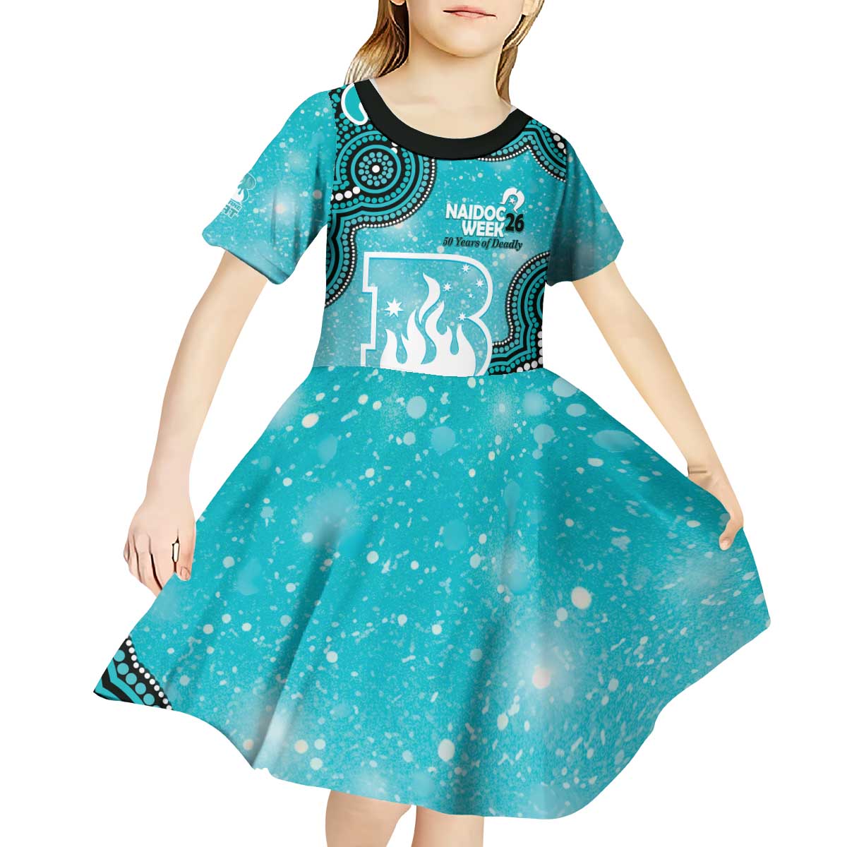 Brisbane Heat NAIDOC Week 2026 Custom Kid Short Sleeve Dress 50 Years Deadly Indigenous Art Glitter Effect