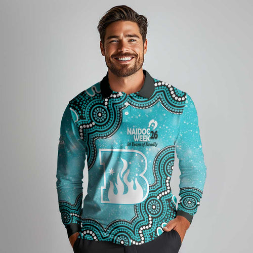 Brisbane Heat NAIDOC Week 2026 Custom Long Sleeve Polo Shirt 50 Years Deadly Indigenous Art Glitter Effect