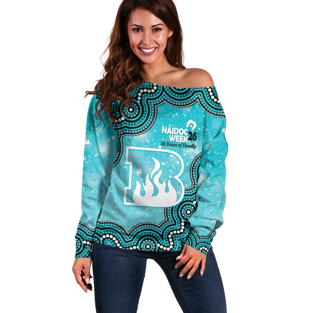 Brisbane Heat NAIDOC Week 2026 Custom Off Shoulder Sweater 50 Years Deadly Indigenous Art Glitter Effect