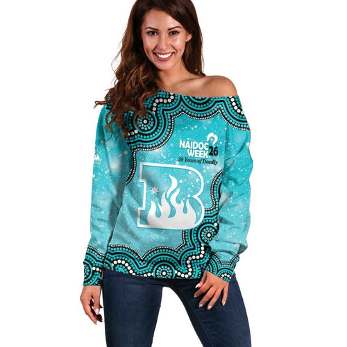 Brisbane Heat NAIDOC Week 2026 Custom Off Shoulder Sweater 50 Years Deadly Indigenous Art Glitter Effect