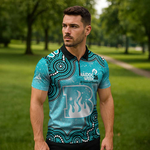 Brisbane Heat NAIDOC Week 2026 Custom Zipper Polo Shirt 50 Years Deadly Indigenous Art Glitter Effect