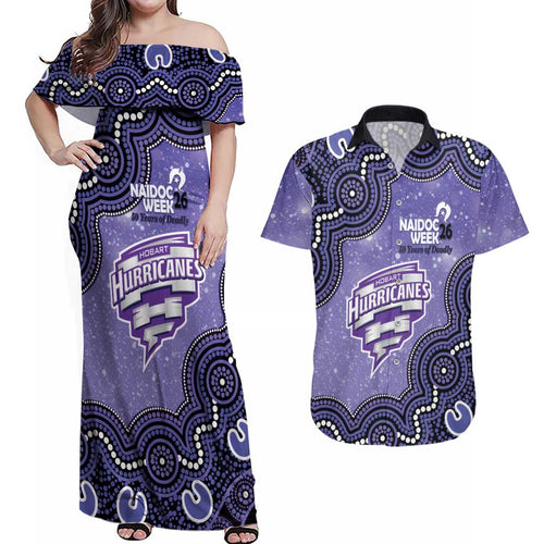 Hobart Hurricanes NAIDOC Week 2026 Custom Couples Matching Off Shoulder Maxi Dress and Hawaiian Shirt 50 Years Deadly Indigenous Art Glitter Effect