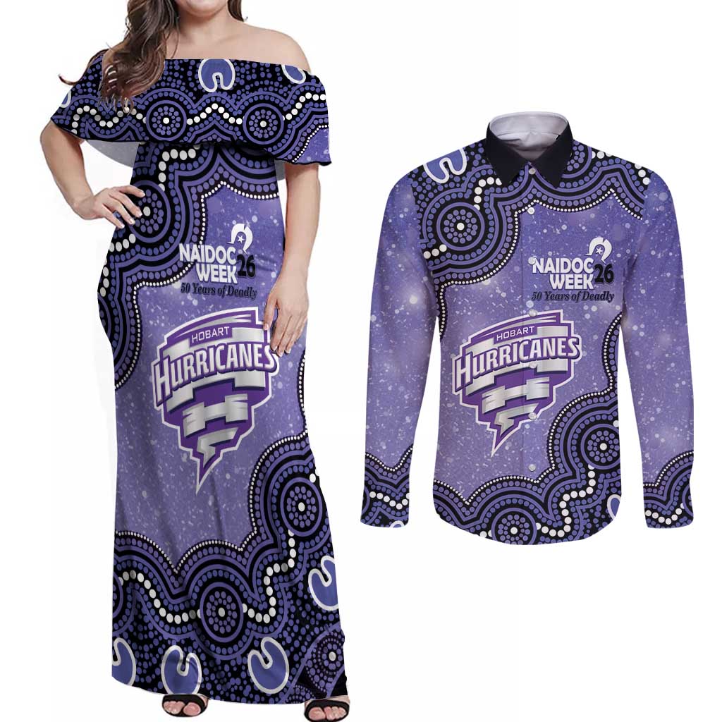 Hobart Hurricanes NAIDOC Week 2026 Custom Couples Matching Off Shoulder Maxi Dress and Long Sleeve Button Shirt 50 Years Deadly Indigenous Art Glitter Effect