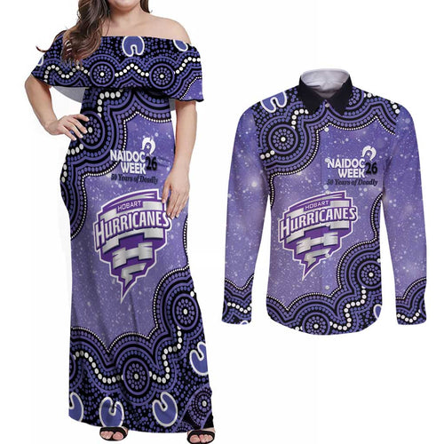 Hobart Hurricanes NAIDOC Week 2026 Custom Couples Matching Off Shoulder Maxi Dress and Long Sleeve Button Shirt 50 Years Deadly Indigenous Art Glitter Effect