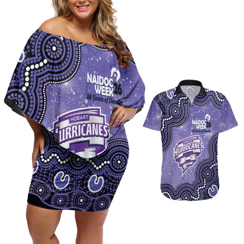 Hobart Hurricanes NAIDOC Week 2026 Custom Couples Matching Off Shoulder Short Dress and Hawaiian Shirt 50 Years Deadly Indigenous Art Glitter Effect