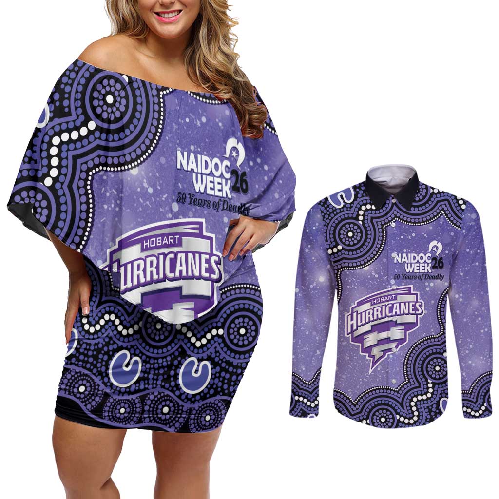 Hobart Hurricanes NAIDOC Week 2026 Custom Couples Matching Off Shoulder Short Dress and Long Sleeve Button Shirt 50 Years Deadly Indigenous Art Glitter Effect