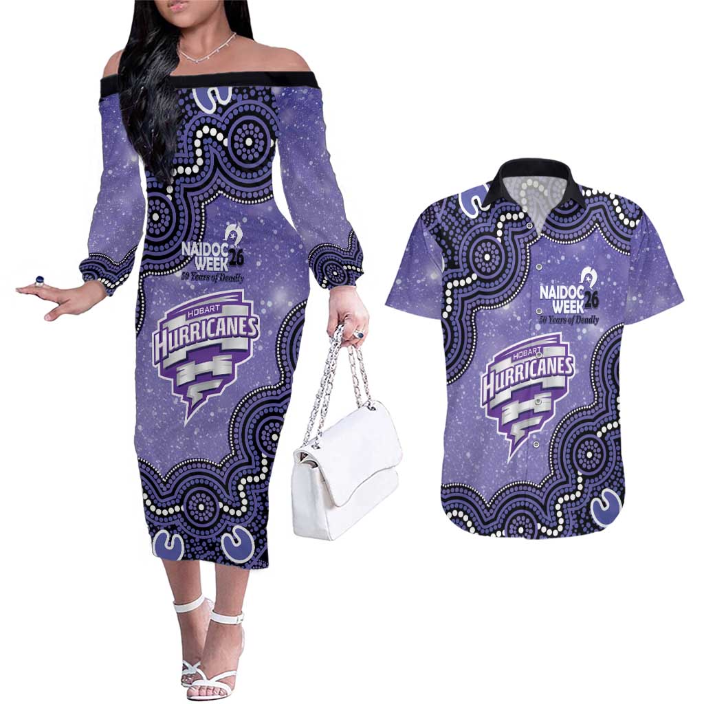 Hobart Hurricanes NAIDOC Week 2026 Custom Couples Matching Off The Shoulder Long Sleeve Dress and Hawaiian Shirt 50 Years Deadly Indigenous Art Glitter Effect