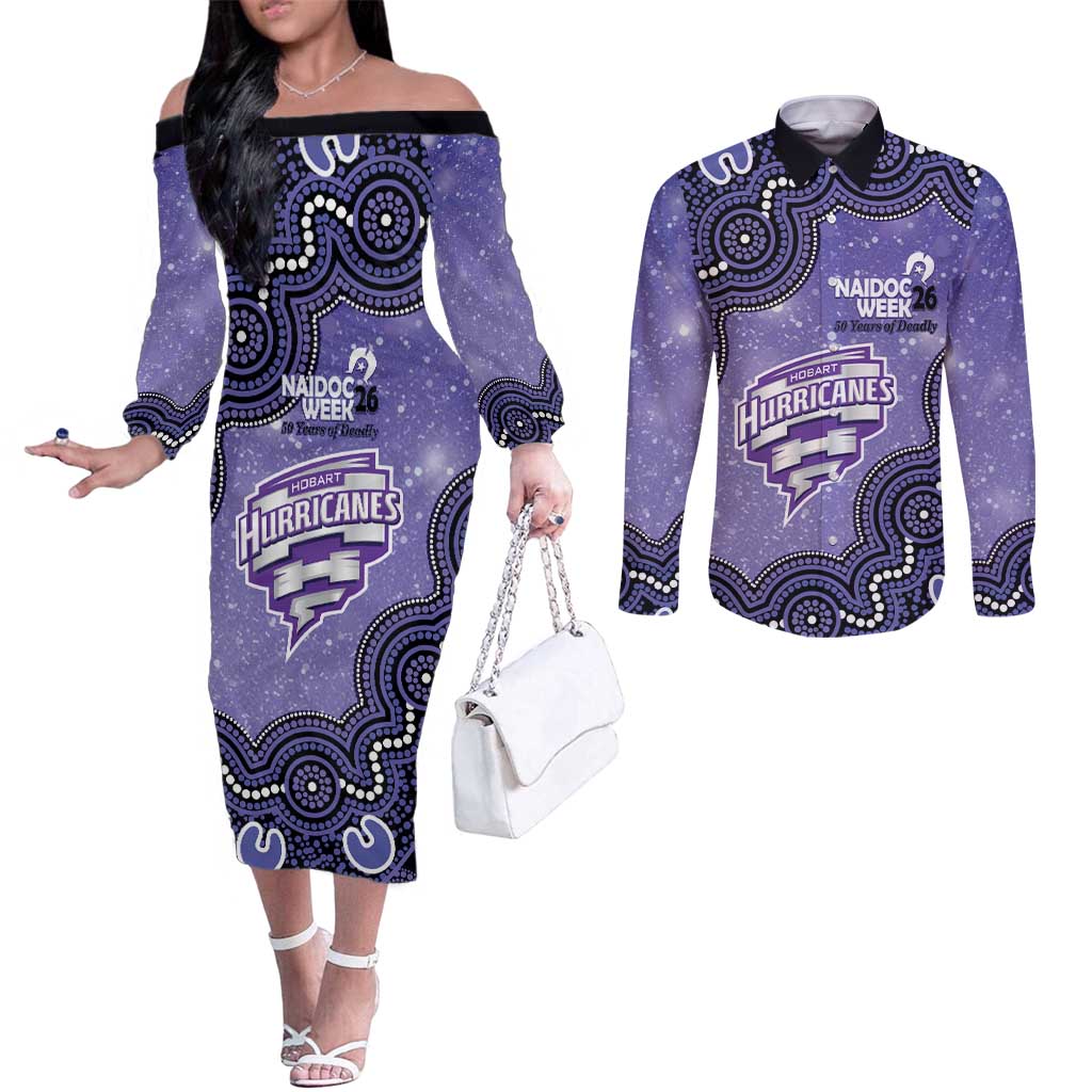 Hobart Hurricanes NAIDOC Week 2026 Custom Couples Matching Off The Shoulder Long Sleeve Dress and Long Sleeve Button Shirt 50 Years Deadly Indigenous Art Glitter Effect