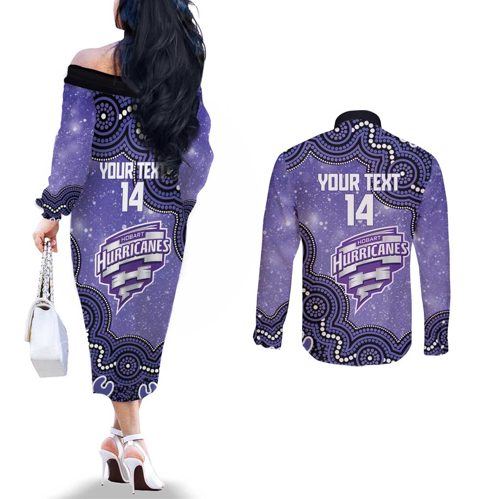 Hobart Hurricanes NAIDOC Week 2026 Custom Couples Matching Off The Shoulder Long Sleeve Dress and Long Sleeve Button Shirt 50 Years Deadly Indigenous Art Glitter Effect