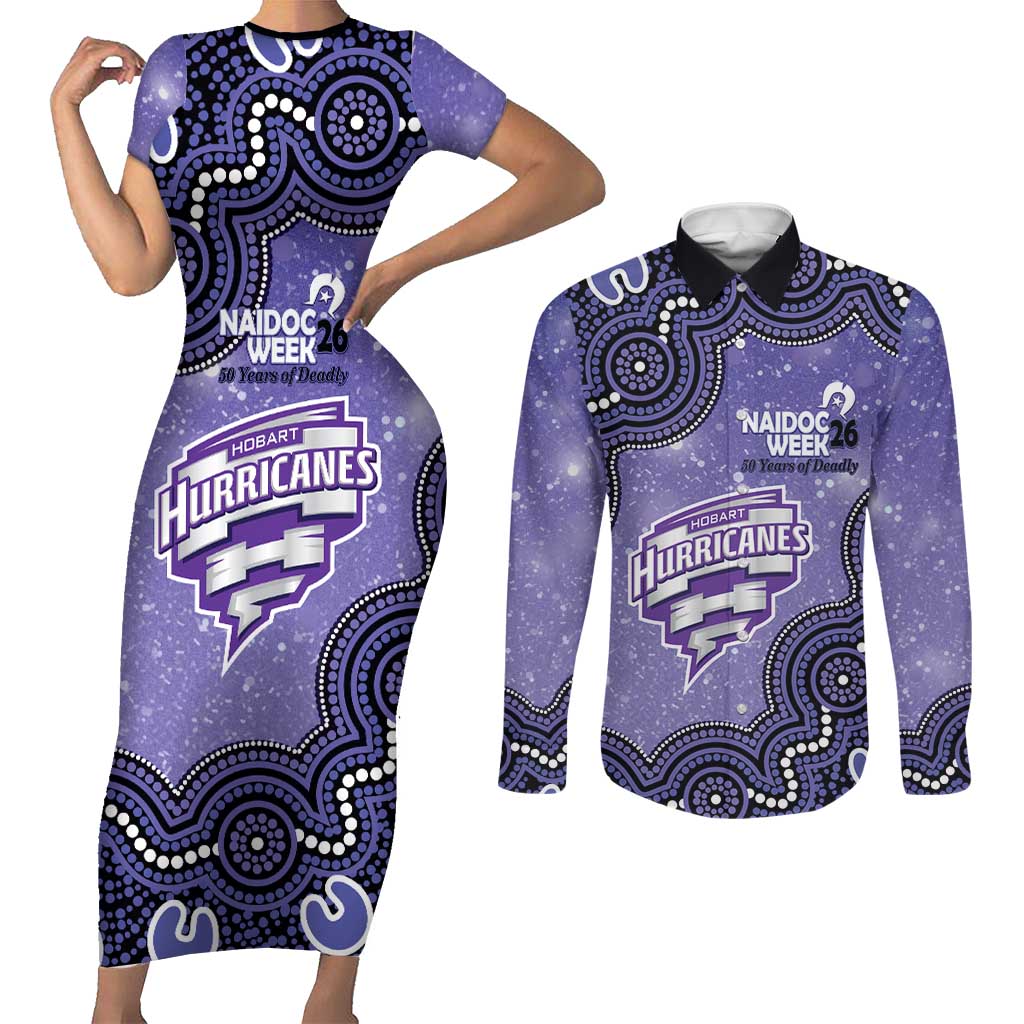 Hobart Hurricanes NAIDOC Week 2026 Custom Couples Matching Short Sleeve Bodycon Dress and Long Sleeve Button Shirt 50 Years Deadly Indigenous Art Glitter Effect