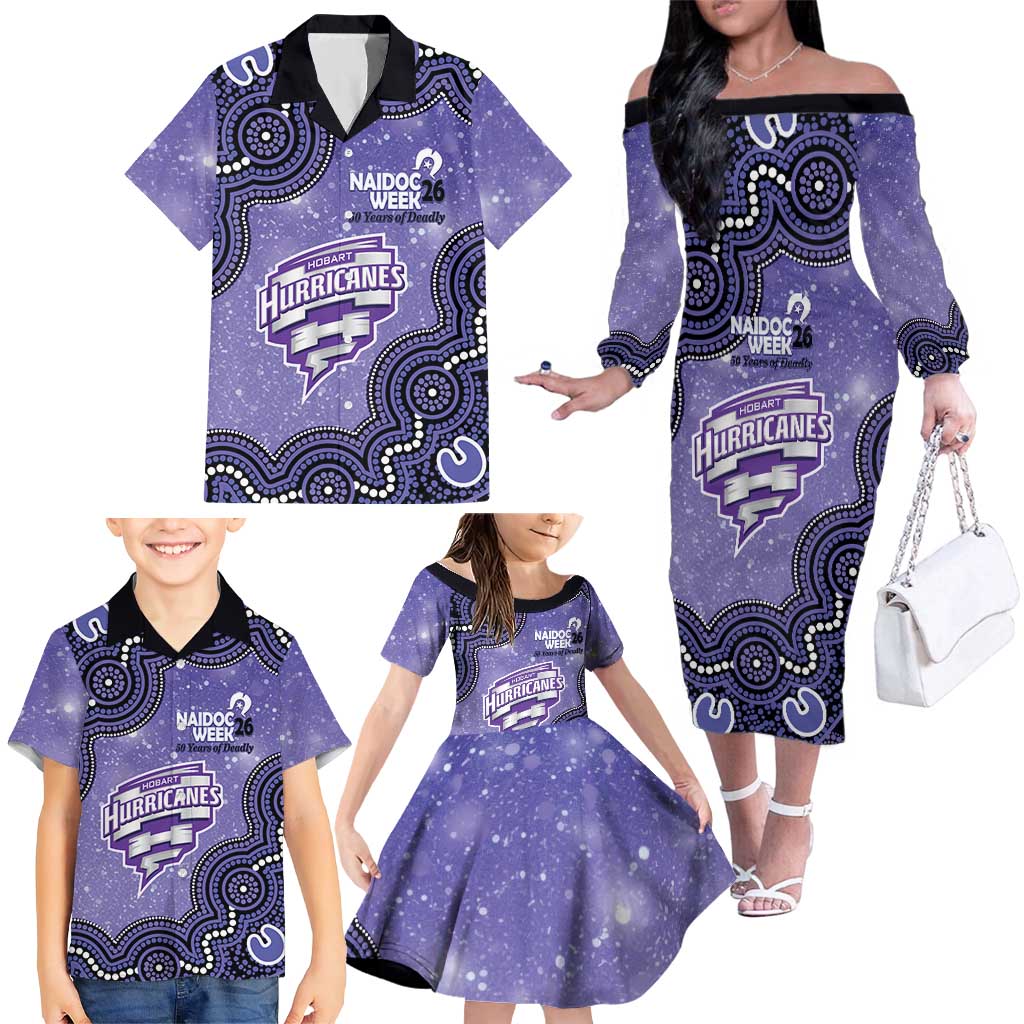 Hobart Hurricanes NAIDOC Week 2026 Custom Family Matching Off The Shoulder Long Sleeve Dress and Hawaiian Shirt 50 Years Deadly Indigenous Art Glitter Effect