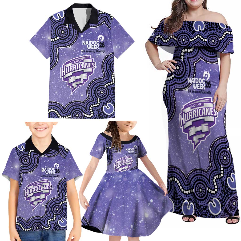 Hobart Hurricanes NAIDOC Week 2026 Custom Family Matching Off Shoulder Maxi Dress and Hawaiian Shirt 50 Years Deadly Indigenous Art Glitter Effect