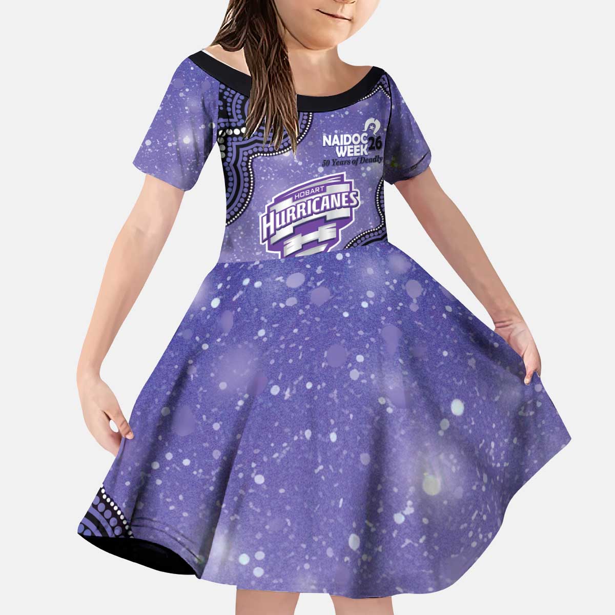 Hobart Hurricanes NAIDOC Week 2026 Custom Kid Short Sleeve Dress 50 Years Deadly Indigenous Art Glitter Effect