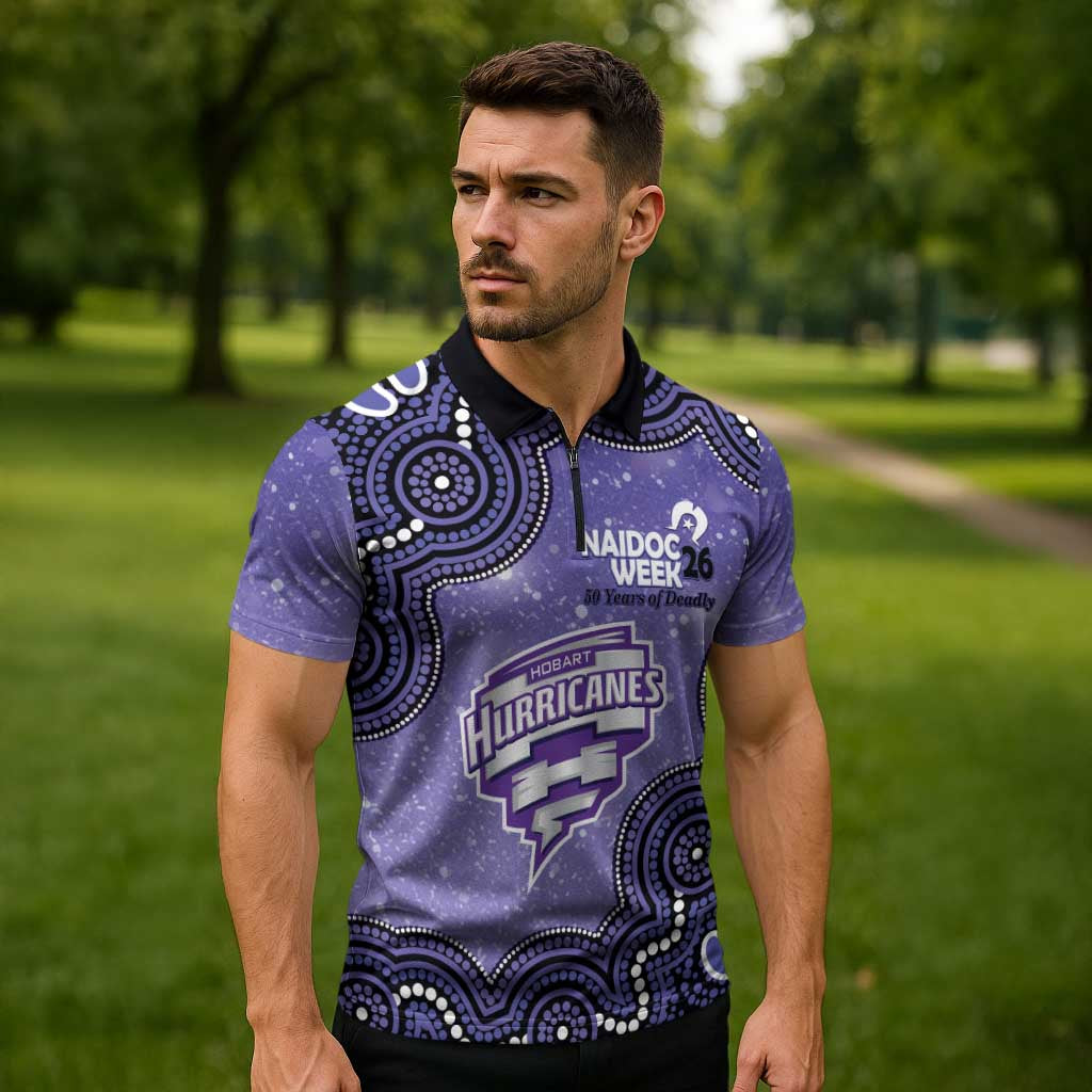 Hobart Hurricanes NAIDOC Week 2026 Custom Zipper Polo Shirt 50 Years Deadly Indigenous Art Glitter Effect
