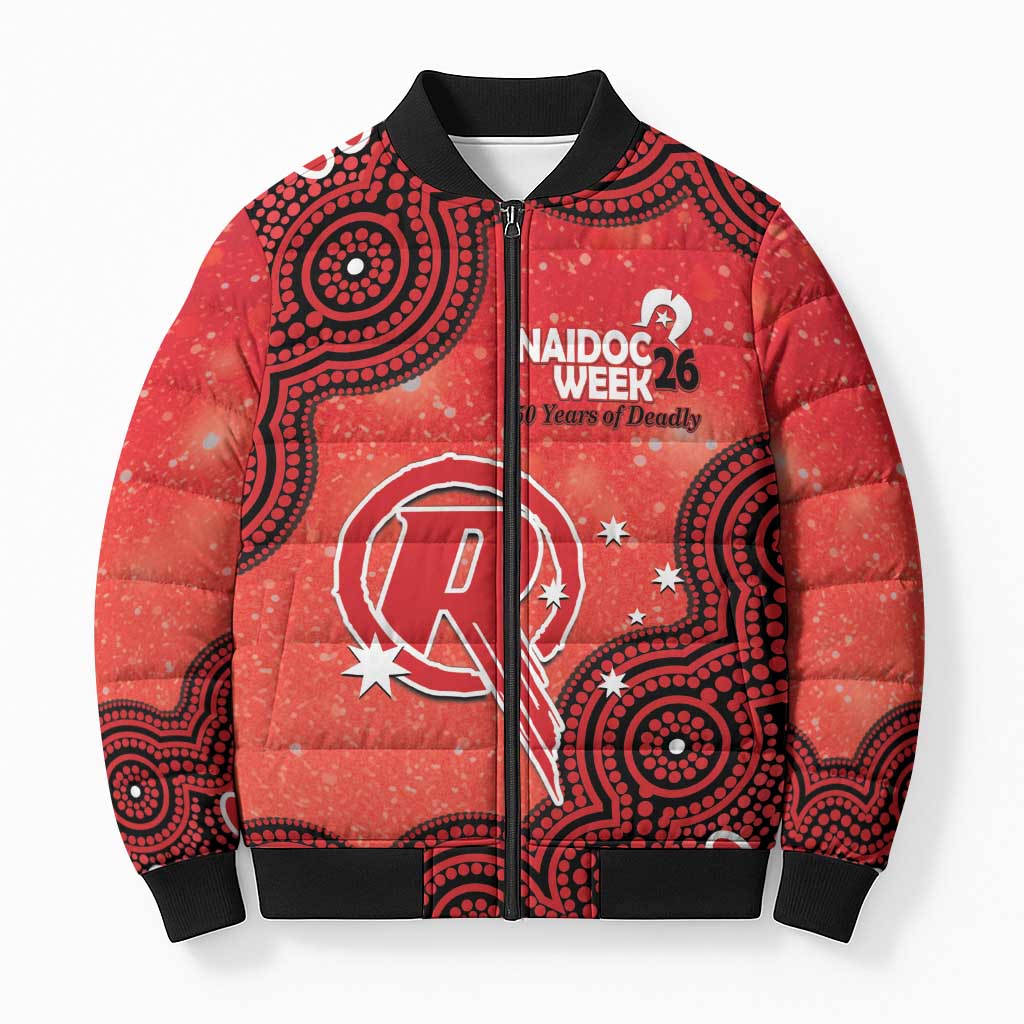 Melbourne Renegades NAIDOC Week 2026 Custom Bomber Puffer Jacket 50 Years Deadly Indigenous Art Glitter Effect