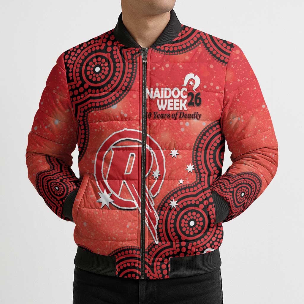 Melbourne Renegades NAIDOC Week 2026 Custom Bomber Puffer Jacket 50 Years Deadly Indigenous Art Glitter Effect