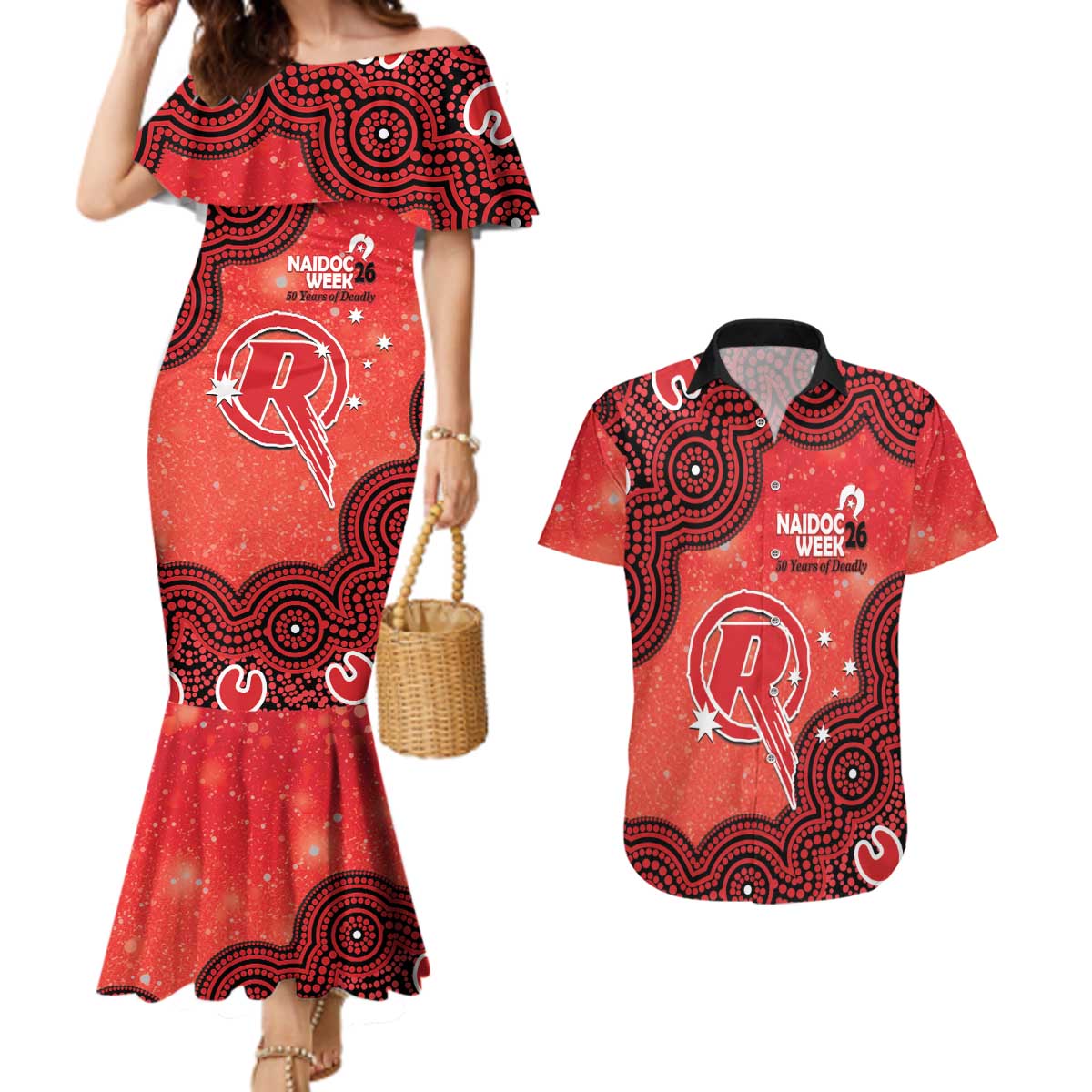 Melbourne Renegades NAIDOC Week 2026 Custom Couples Matching Mermaid Dress and Hawaiian Shirt 50 Years Deadly Indigenous Art Glitter Effect
