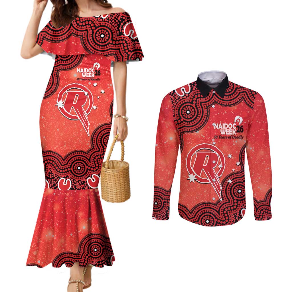 Melbourne Renegades NAIDOC Week 2026 Custom Couples Matching Mermaid Dress and Long Sleeve Button Shirt 50 Years Deadly Indigenous Art Glitter Effect