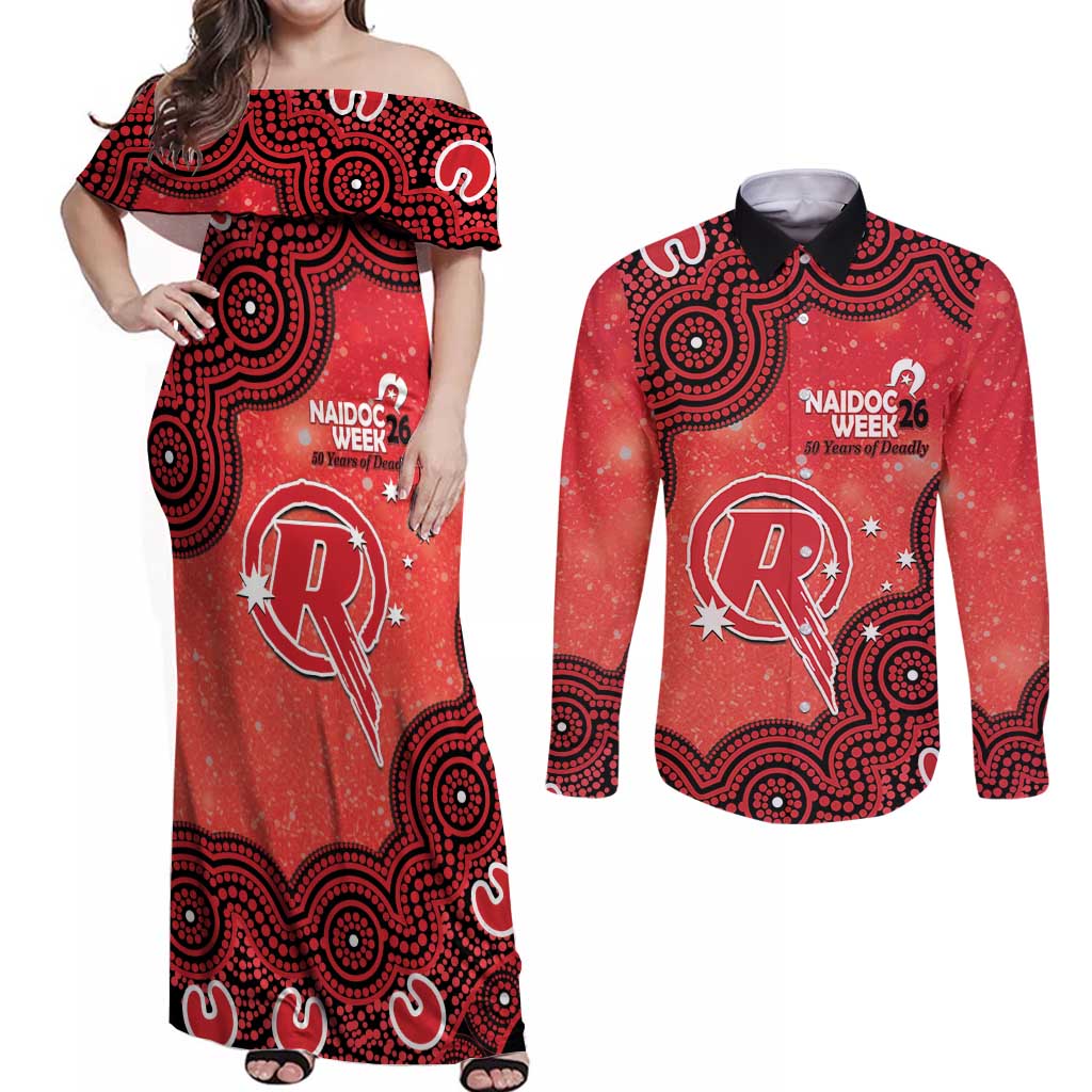 Melbourne Renegades NAIDOC Week 2026 Custom Couples Matching Off Shoulder Maxi Dress and Long Sleeve Button Shirt 50 Years Deadly Indigenous Art Glitter Effect