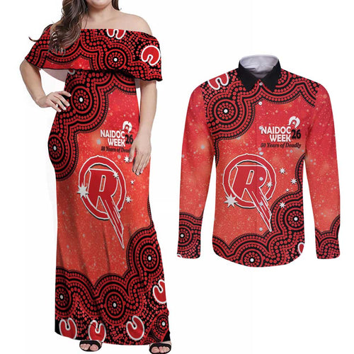 Melbourne Renegades NAIDOC Week 2026 Custom Couples Matching Off Shoulder Maxi Dress and Long Sleeve Button Shirt 50 Years Deadly Indigenous Art Glitter Effect