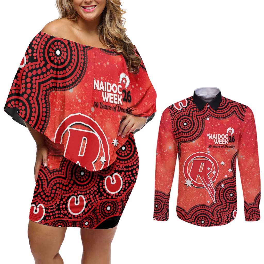 Melbourne Renegades NAIDOC Week 2026 Custom Couples Matching Off Shoulder Short Dress and Long Sleeve Button Shirt 50 Years Deadly Indigenous Art Glitter Effect