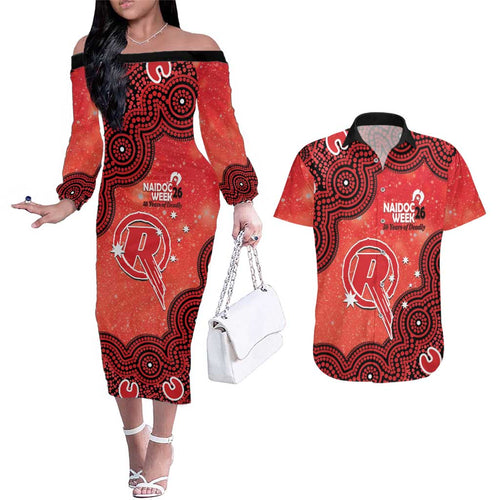 Melbourne Renegades NAIDOC Week 2026 Custom Couples Matching Off The Shoulder Long Sleeve Dress and Hawaiian Shirt 50 Years Deadly Indigenous Art Glitter Effect
