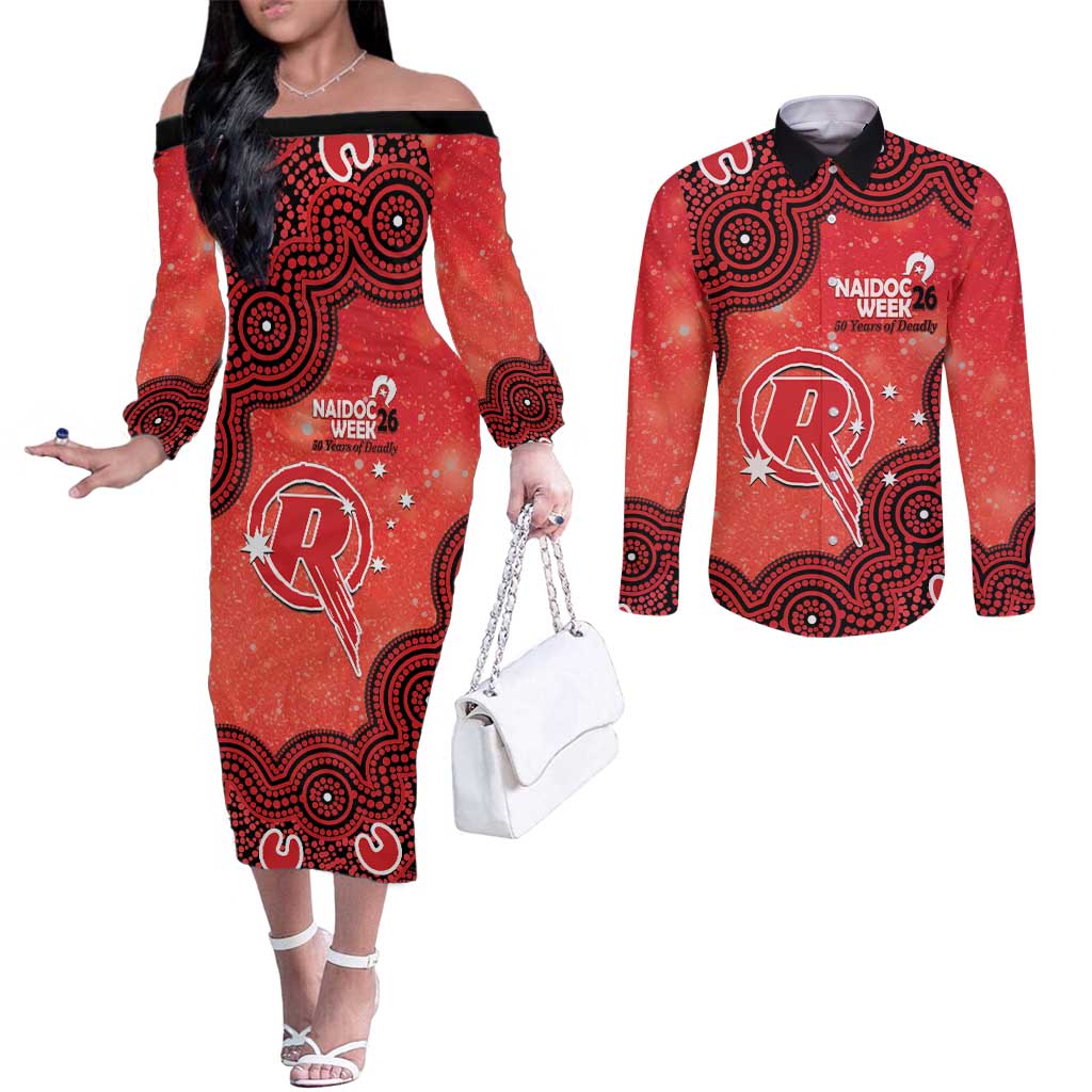 Melbourne Renegades NAIDOC Week 2026 Custom Couples Matching Off The Shoulder Long Sleeve Dress and Long Sleeve Button Shirt 50 Years Deadly Indigenous Art Glitter Effect