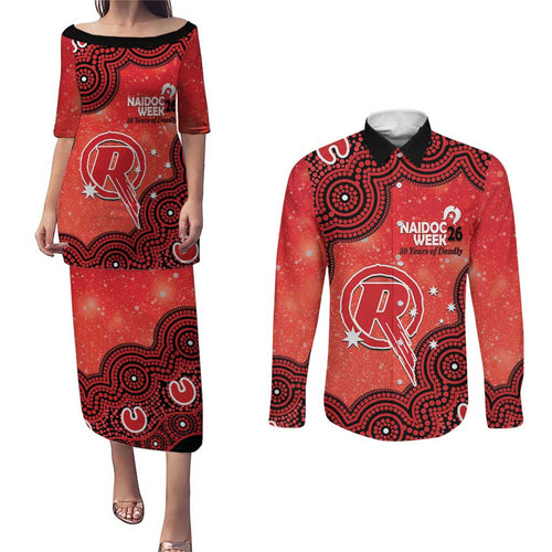 Melbourne Renegades NAIDOC Week 2026 Custom Couples Matching Puletasi and Long Sleeve Button Shirt 50 Years Deadly Indigenous Art Glitter Effect