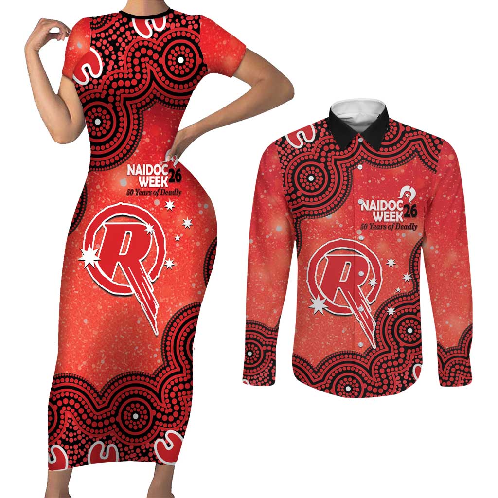 Melbourne Renegades NAIDOC Week 2026 Custom Couples Matching Short Sleeve Bodycon Dress and Long Sleeve Button Shirt 50 Years Deadly Indigenous Art Glitter Effect