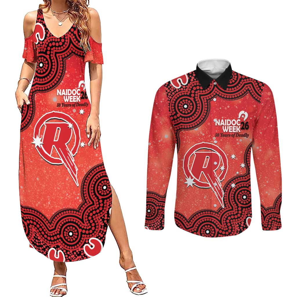 Melbourne Renegades NAIDOC Week 2026 Custom Couples Matching Summer Maxi Dress and Long Sleeve Button Shirt 50 Years Deadly Indigenous Art Glitter Effect