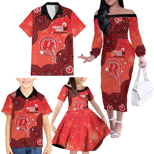 Melbourne Renegades NAIDOC Week 2026 Custom Family Matching Off The Shoulder Long Sleeve Dress and Hawaiian Shirt 50 Years Deadly Indigenous Art Glitter Effect