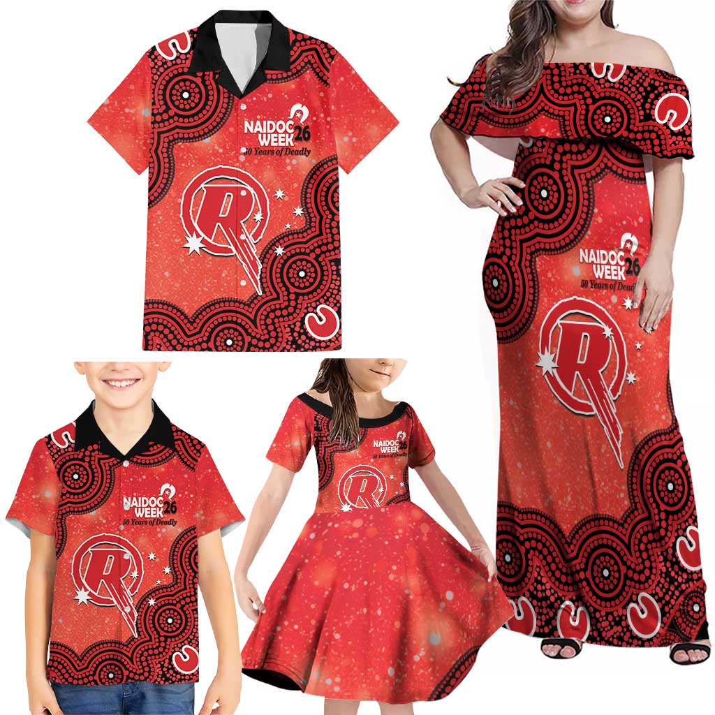 Melbourne Renegades NAIDOC Week 2026 Custom Family Matching Off Shoulder Maxi Dress and Hawaiian Shirt 50 Years Deadly Indigenous Art Glitter Effect