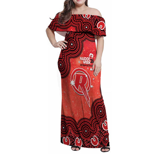 Melbourne Renegades NAIDOC Week 2026 Custom Family Matching Off Shoulder Maxi Dress and Hawaiian Shirt 50 Years Deadly Indigenous Art Glitter Effect