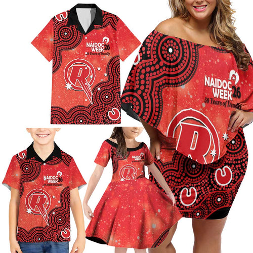 Melbourne Renegades NAIDOC Week 2026 Custom Family Matching Off Shoulder Short Dress and Hawaiian Shirt 50 Years Deadly Indigenous Art Glitter Effect