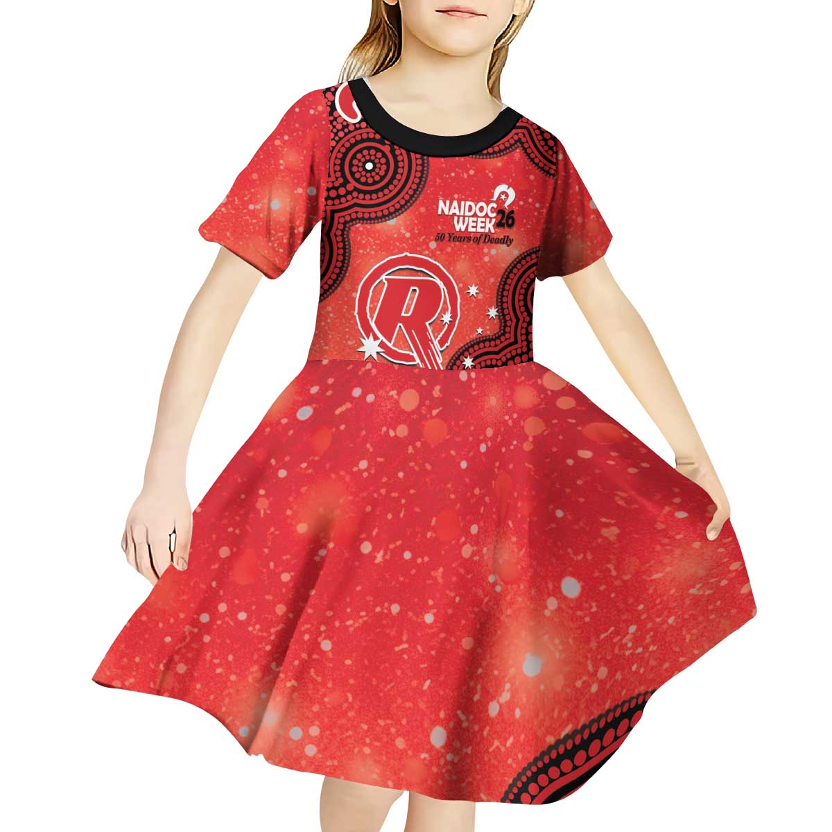 Melbourne Renegades NAIDOC Week 2026 Custom Kid Short Sleeve Dress 50 Years Deadly Indigenous Art Glitter Effect