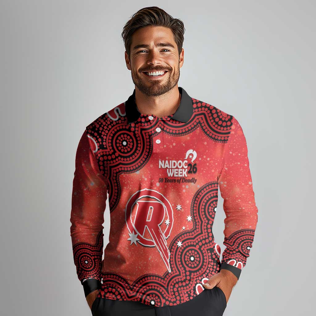 Melbourne Renegades NAIDOC Week 2026 Custom Long Sleeve Polo Shirt 50 Years Deadly Indigenous Art Glitter Effect