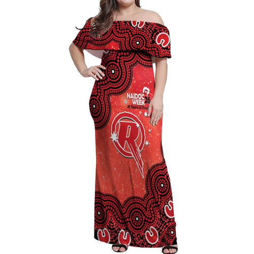 Melbourne Renegades NAIDOC Week 2026 Custom Off Shoulder Maxi Dress 50 Years Deadly Indigenous Art Glitter Effect