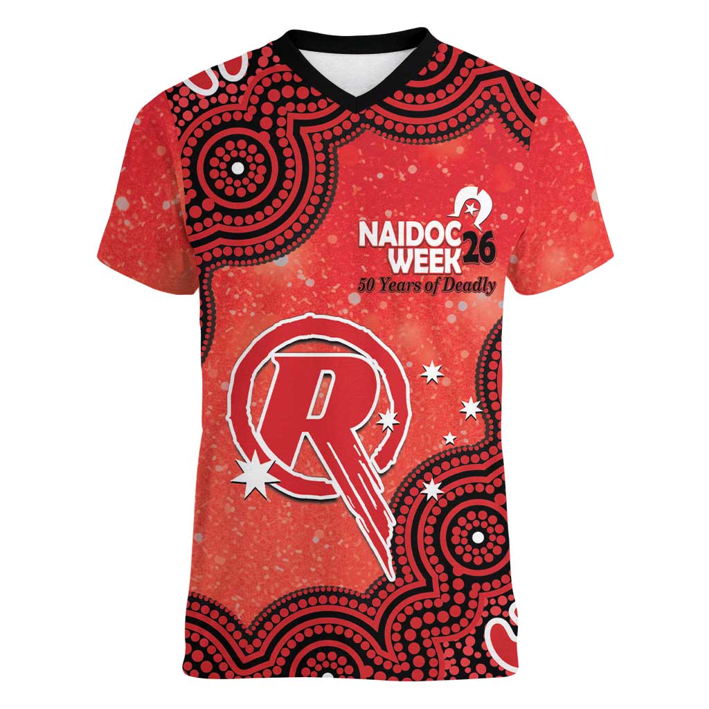 Melbourne Renegades NAIDOC Week 2026 Custom Women V-Neck T-Shirt 50 Years Deadly Indigenous Art Glitter Effect