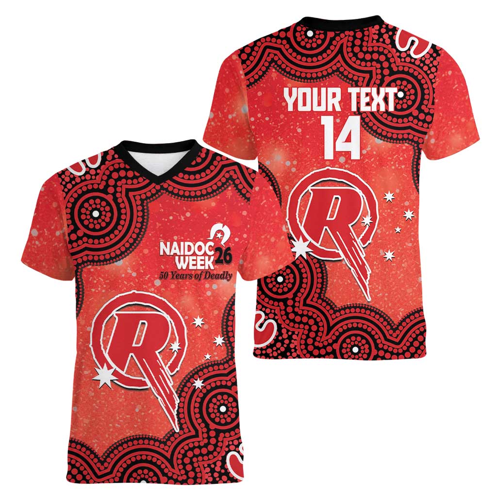 Melbourne Renegades NAIDOC Week 2026 Custom Women V-Neck T-Shirt 50 Years Deadly Indigenous Art Glitter Effect