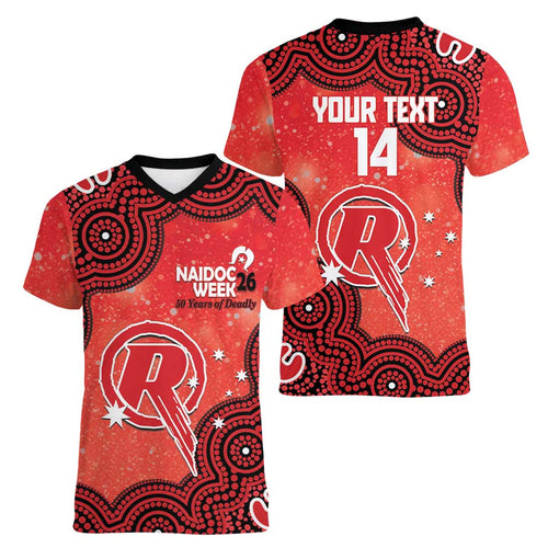 Melbourne Renegades NAIDOC Week 2026 Custom Women V-Neck T-Shirt 50 Years Deadly Indigenous Art Glitter Effect