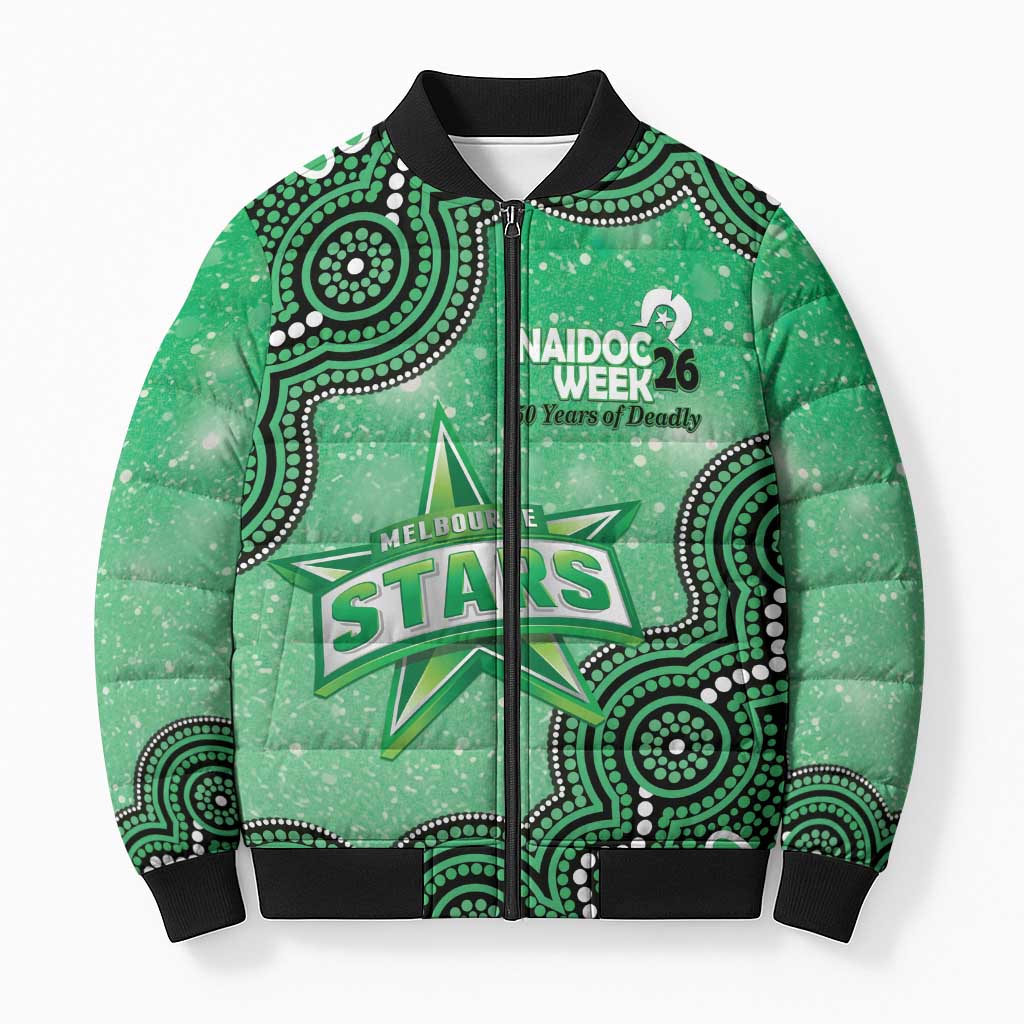 Melbourne Stars NAIDOC Week 2026 Custom Bomber Puffer Jacket 50 Years Deadly Indigenous Art Glitter Effect