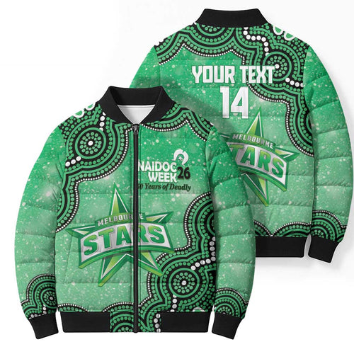 Melbourne Stars NAIDOC Week 2026 Custom Bomber Puffer Jacket 50 Years Deadly Indigenous Art Glitter Effect
