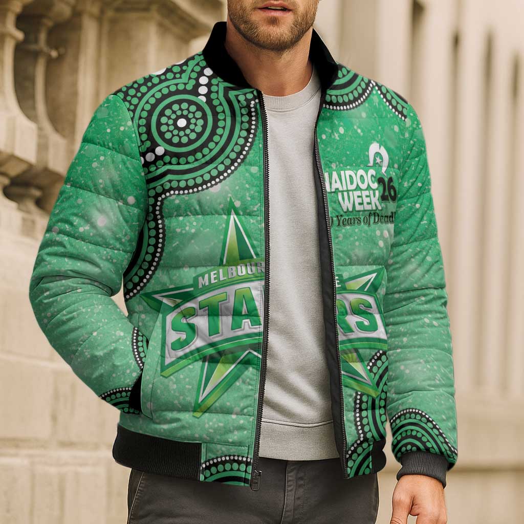 Melbourne Stars NAIDOC Week 2026 Custom Bomber Puffer Jacket 50 Years Deadly Indigenous Art Glitter Effect
