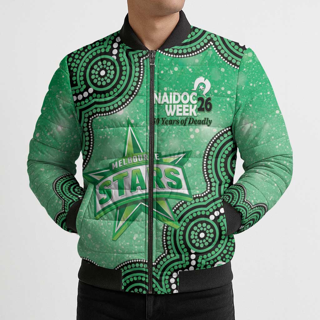 Melbourne Stars NAIDOC Week 2026 Custom Bomber Puffer Jacket 50 Years Deadly Indigenous Art Glitter Effect