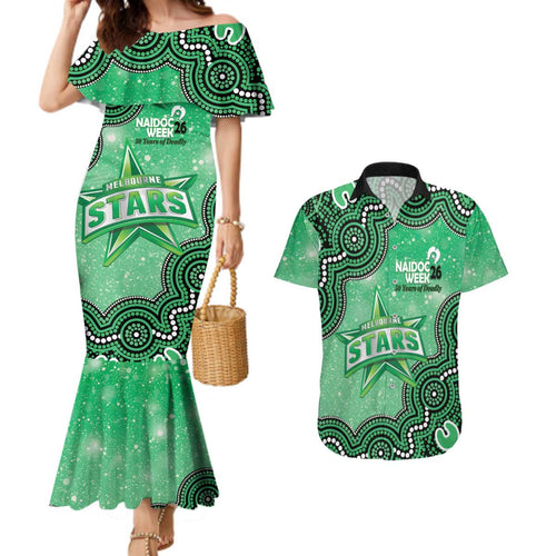 Melbourne Stars NAIDOC Week 2026 Custom Couples Matching Mermaid Dress and Hawaiian Shirt 50 Years Deadly Indigenous Art Glitter Effect
