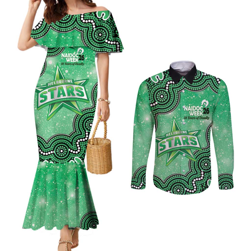 Melbourne Stars NAIDOC Week 2026 Custom Couples Matching Mermaid Dress and Long Sleeve Button Shirt 50 Years Deadly Indigenous Art Glitter Effect